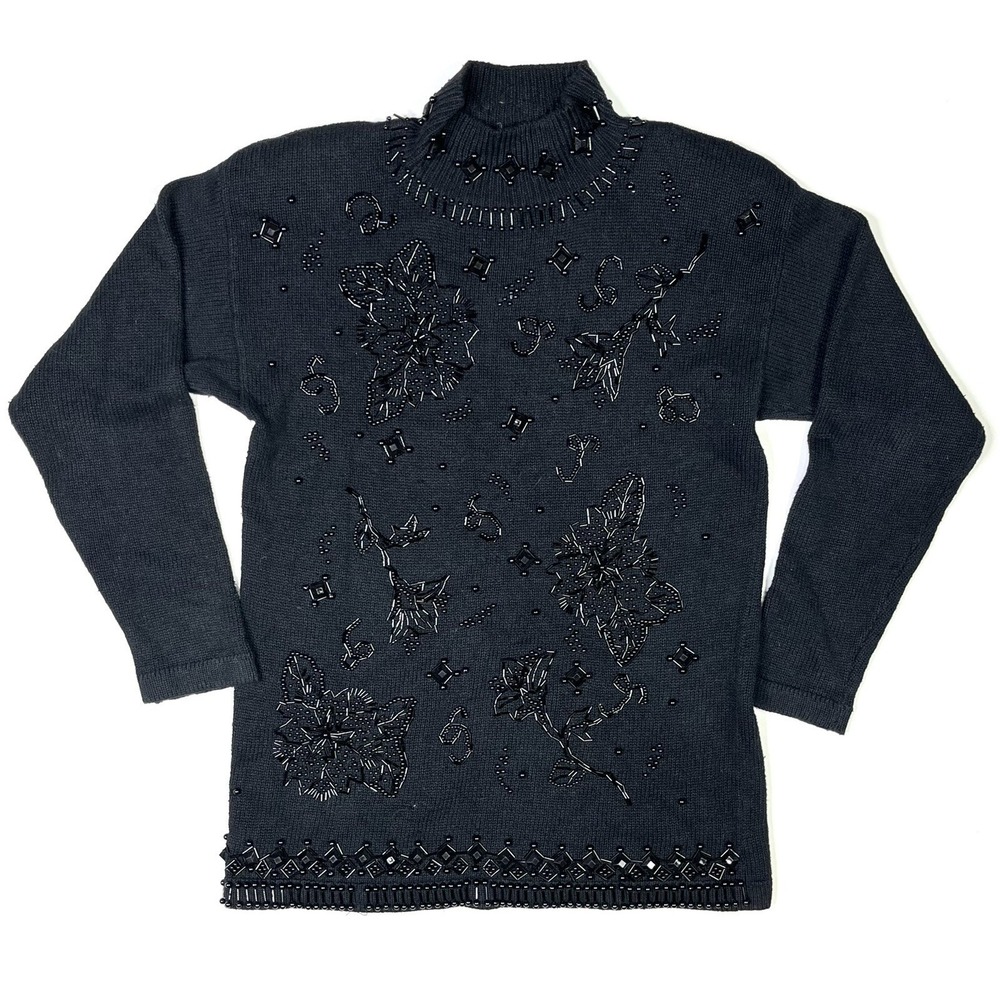 Yarnworks Sweater Women's Small Black Pullover Knit Floral Vintage